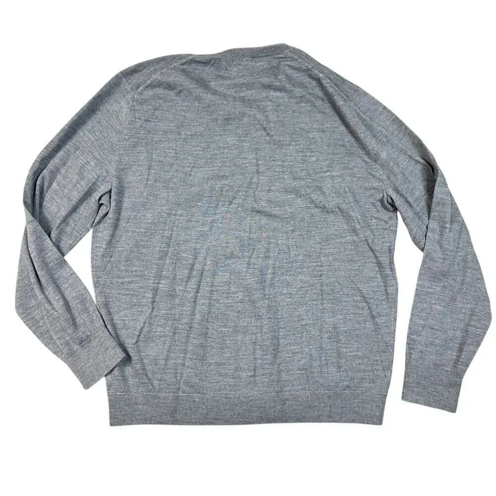 J Crew V Neck Sweater Mens XL 100% Merino Wool Gray Lightweight Preppy AD337